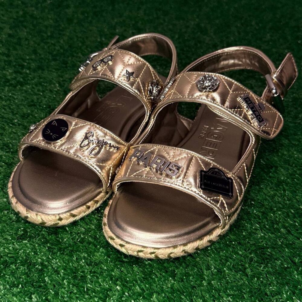 Karl Lagerfeld Charlay Gold Slide Sandals Women’s 7M Metallic Designer NEW